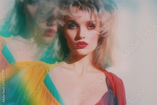 Fashionable woman with blonde hair, 80s style