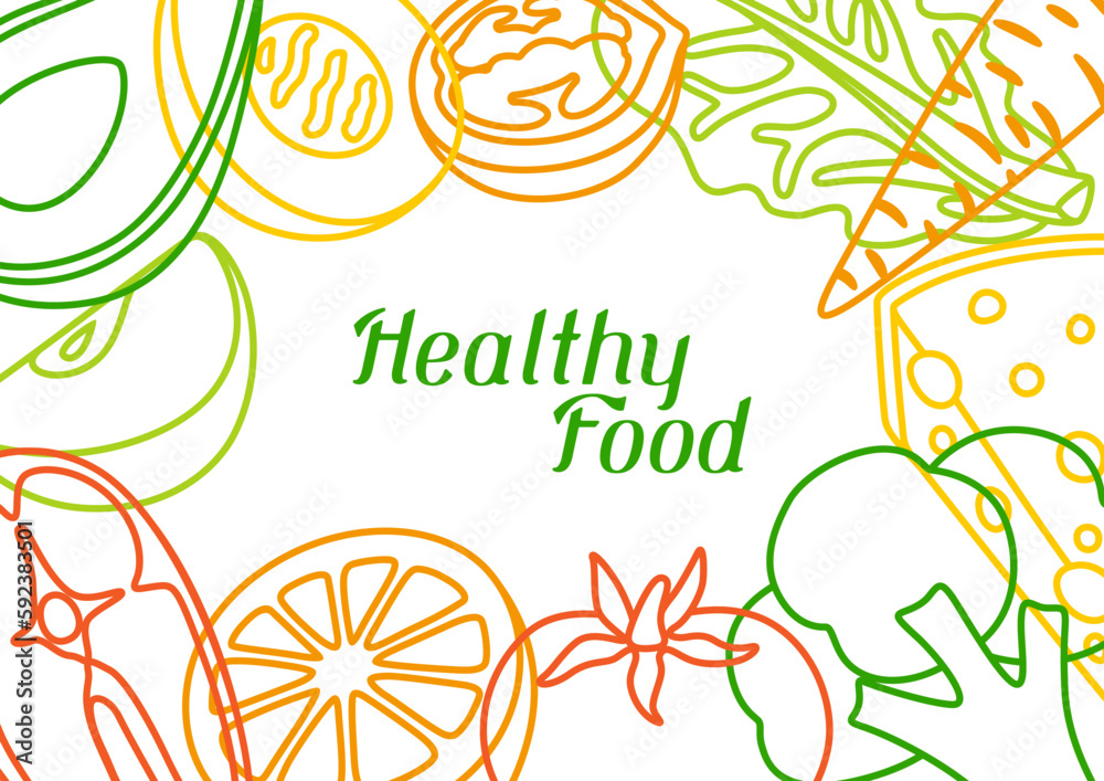 Background with healthy eating and diet meal. Fruits, vegetables and proteins for proper nutrition.