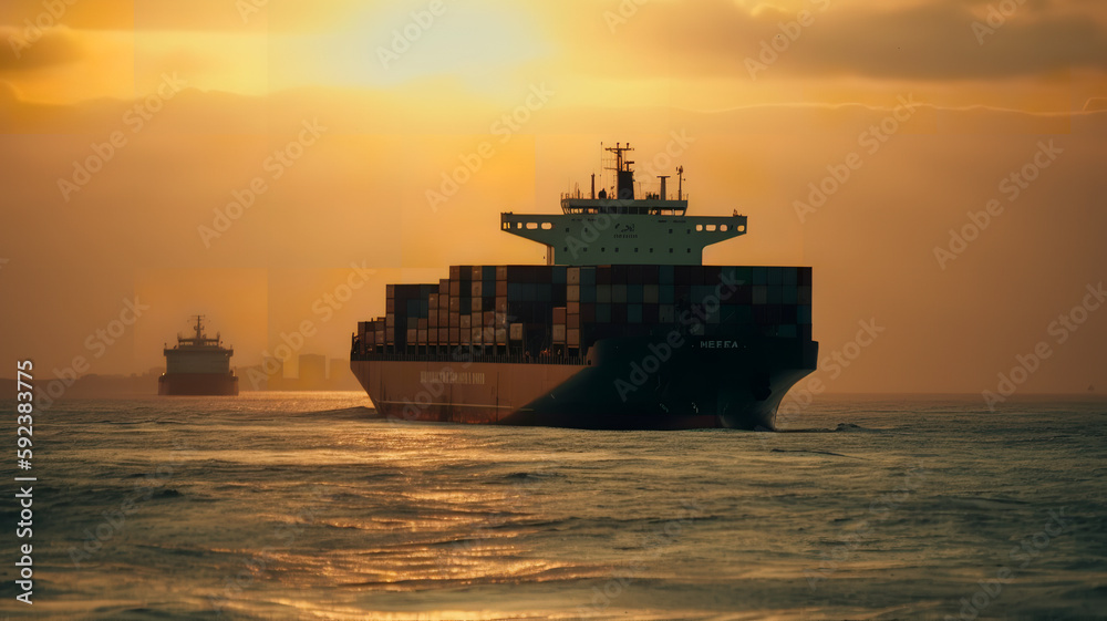 Container cargo ship in the sea at sunset, import export commerce transportation and logistic