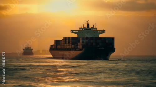Container cargo ship in the sea at sunset, import export commerce transportation and logistic © Ployker