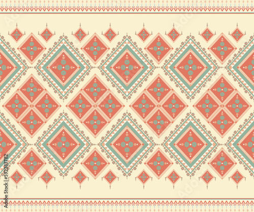 Ethnic folk geometric seamless pattern in orange and green tone in vector illustration design for fabric, mat, carpet, scarf, wrapping paper, tile and more