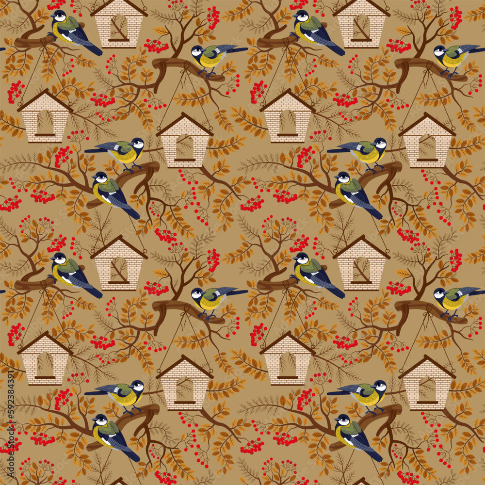 seamless pattern bright autumn berries and birds seamless pattern bright autumn berries and birds
