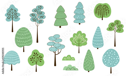 Cute trees with trunk, branches and leaf in simple doodle style