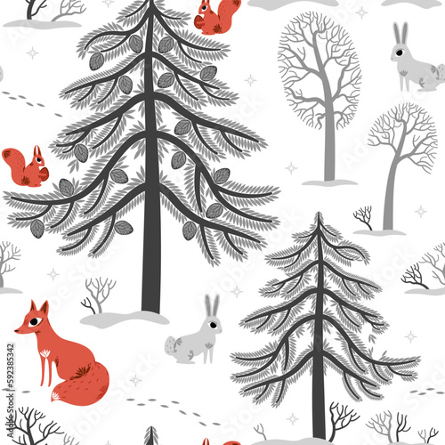 seamless pattern animals in winter forest