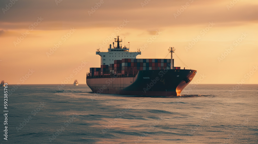Container cargo ship in the sea, import export commerce transportation and logistic, golden hour