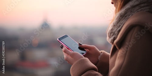 Close-up of a woman's hands holding a smartphone, typing a text message with a blurred cityscape in the background. Generative Ai.