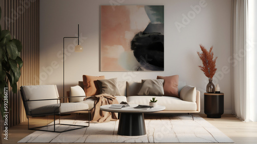 Stylish Living Room Interior with Mockup Frame Poster, Modern interior design, 3D render, 3D illustration 