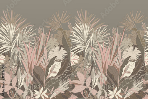 Seamless print coupon. Tropical leaves in neutral colours