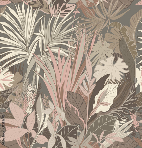 Seamless pattern. Tropical leaves in beige colours