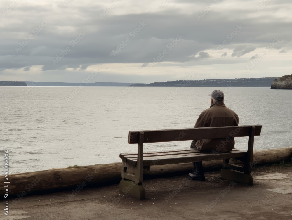 A person sitting alone on a bench, looking out at the sea