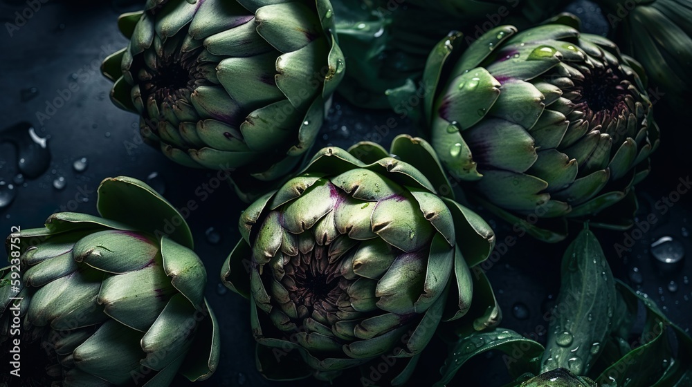 Fototapeta premium Fresh healthy & organic green artichoke with drops of water. From above. Close up. Macro. Greens. Food magazine. Food Design. Close up of green artichoke. Vegetable. Generative AI.