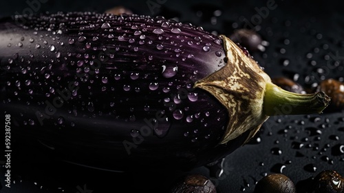 Fresh healthy & organic purple eggplant with drops of water. From above. Close up. Macro. Greens. Food magazine. Food Design. Close up of purple eggplant. Vegetable. Generative AI.