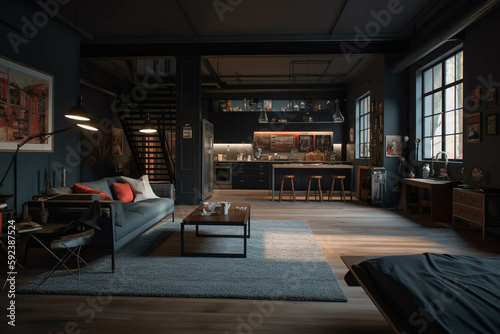 Loft Design. Dark black color palette. Centered perspective. Interior Design