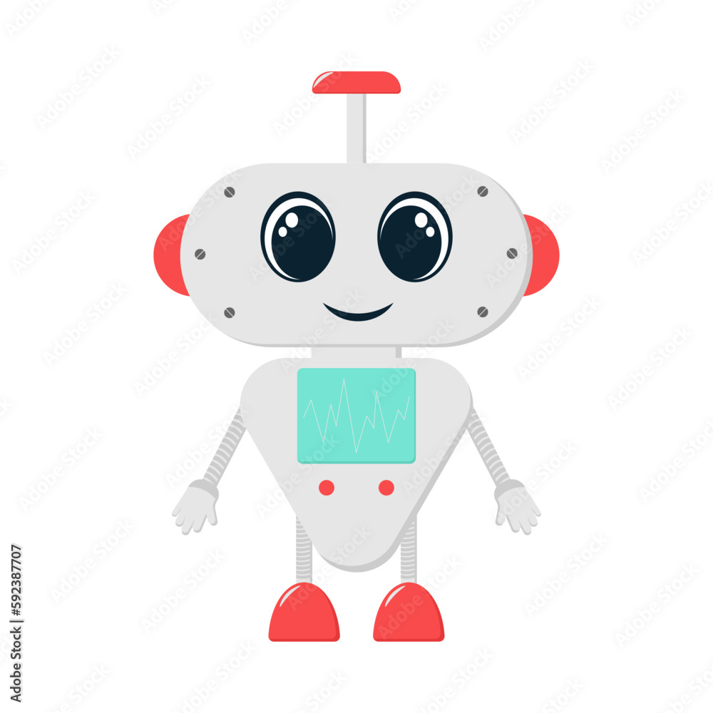 Sticker illustration with modern concept of chatbot. Robot in flat style with artificial intelligence. The character is cute with big eyes and rounded shapes.