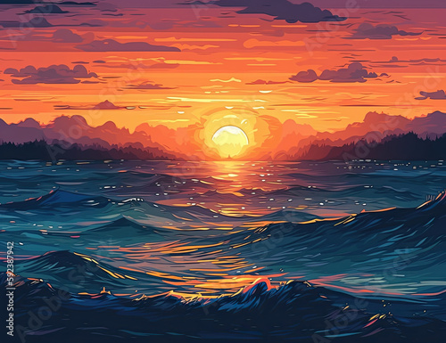 Beautiful Tropical Ocean Sunset, Background, Graphic Resource. Generative AI © Art for Insomniacs