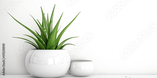 A modern pot holding an aloe vera plant was placed against a white wall - generative ai.