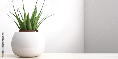 Aloe vera plant in modern pot was featured in design  against a white wall - generative ai.