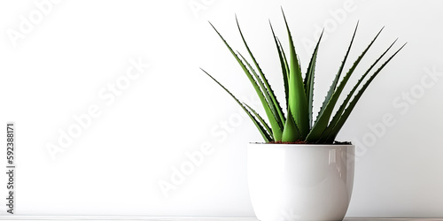 The aloe vera plant is featured in a modern design pot and white wall background - generative ai.