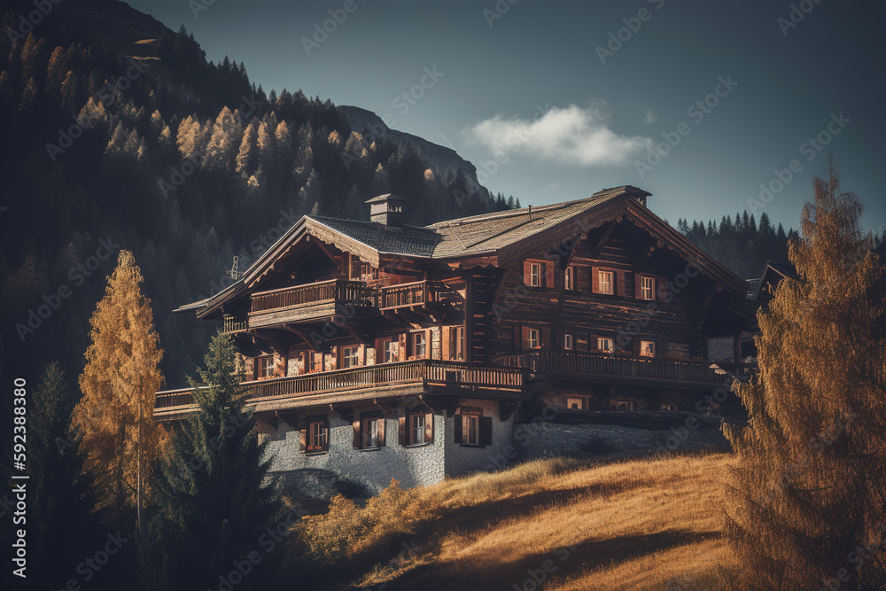 Chalet in alps with mountains in background Chalet in alps with mountains in background