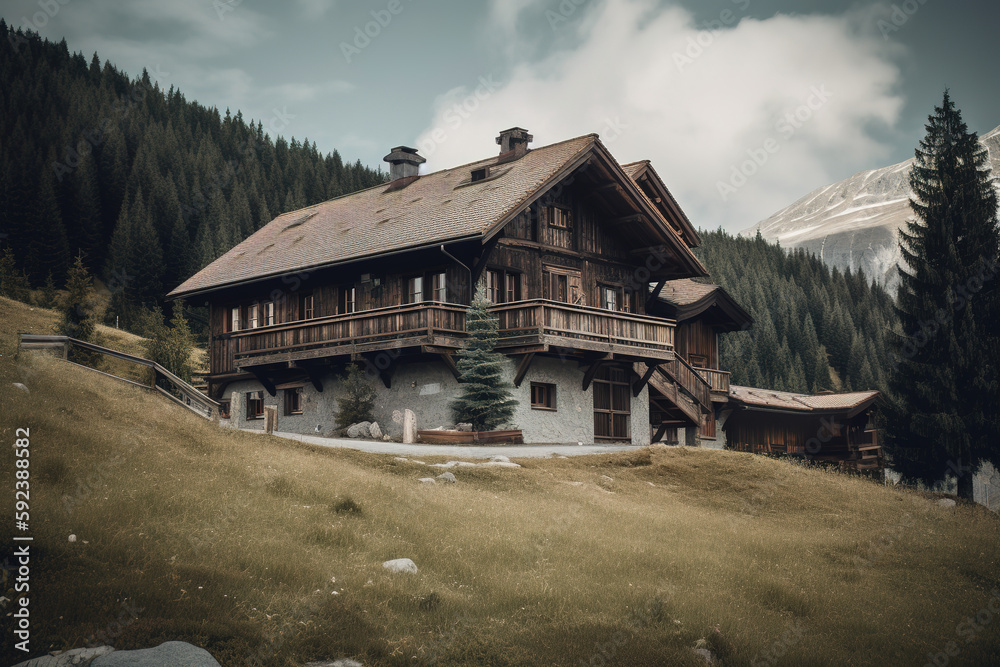 Chalet in alps with mountains in background Chalet in alps with mountains in background