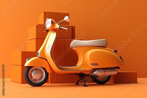 Scooter and cardboard boxes illustration, delivery concept, orange background. Generative AI