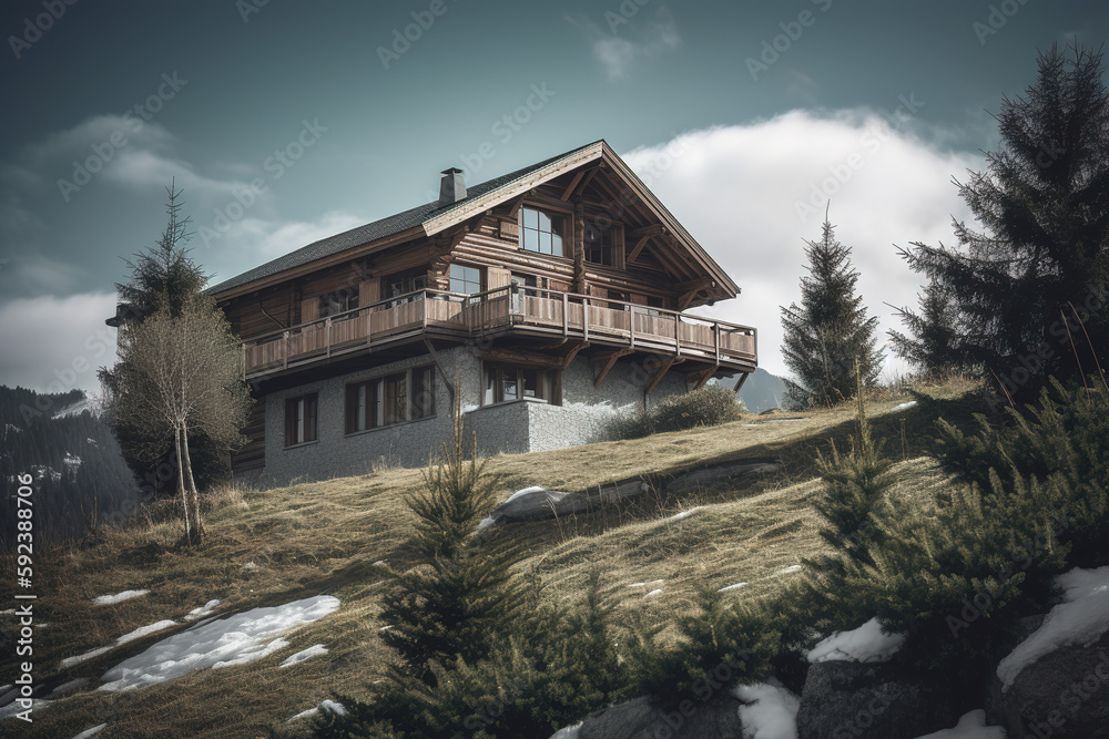 Chalet in alps with mountains in background Chalet in alps with mountains in background