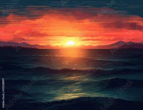 Beautiful Tropical Ocean Sunset  Background  Graphic Resource. Generative AI