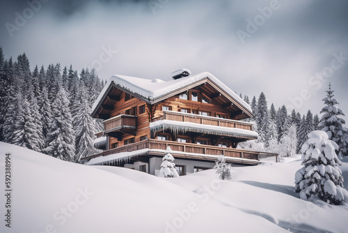 Chalet in alps with mountains in background and snow © Creatizen