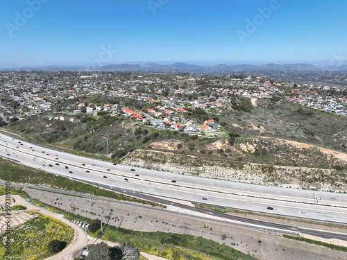 Aerial view of highway transportation with small traffic, highway interchange and junction, San Diego Freeway interstate 5, California © Unwind