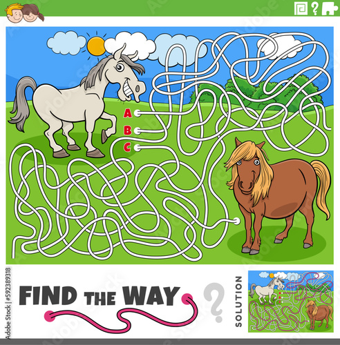 find the way maze game with cartoon horses farm animals