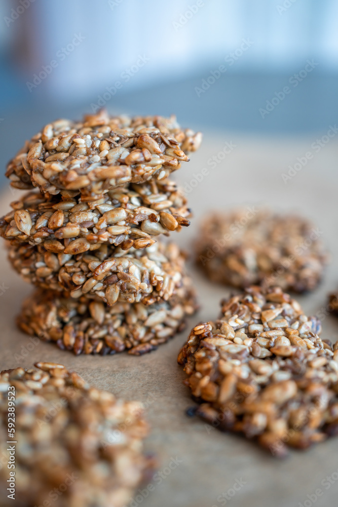 Vegan cookies made of banana and different seeds, photographed with natural light Vegan cookies made of banana and different seeds, photographed with natural light
