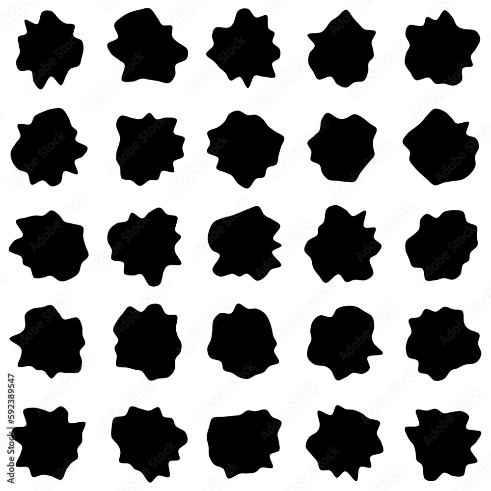Set of 25 vector abstract art blob shapes with 25 points. Known as blotch shapes, liquid organic elements, pebble drops blob silhouettes and splashes. Use as pattern background. Set of 25 vector abstract art blob shapes with 25 points. Known as blotch shapes, liquid organic elements, pebble drops blob silhouettes and splashes. Use as pattern background.