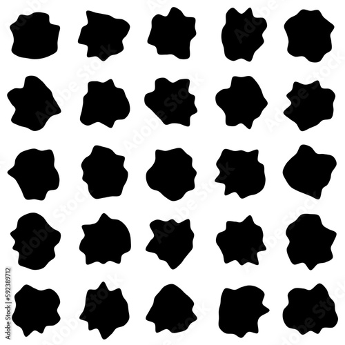 Set of 25 vector abstract art blob shapes with 20 points. Known as blotch shapes, liquid organic elements, pebble drops blob silhouettes and splashes. Use as pattern background.