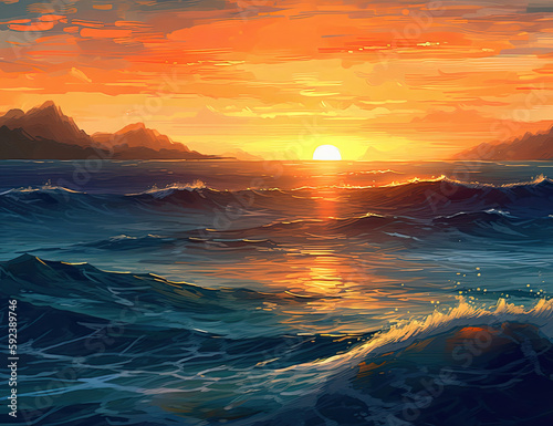 Beautiful Tropical Ocean Sunset, Background, Graphic Resource. Generative AI © Art for Insomniacs