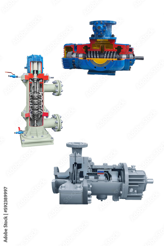 Fototapeta premium longitudinal and cross sections of two industrial pumps for pumping gas isolated on white background