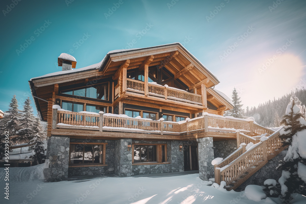 Chalet in alps with mountains in background and snow - obrazy, fototapety, plakaty 