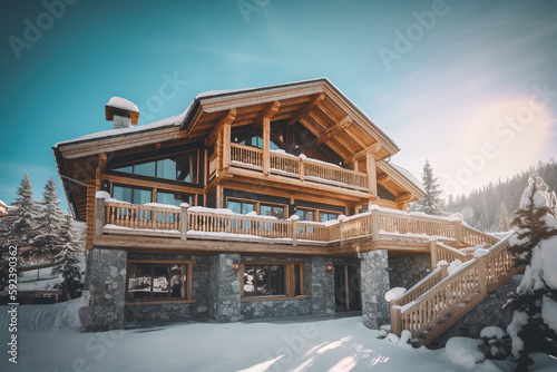Chalet in alps with mountains in background and snow