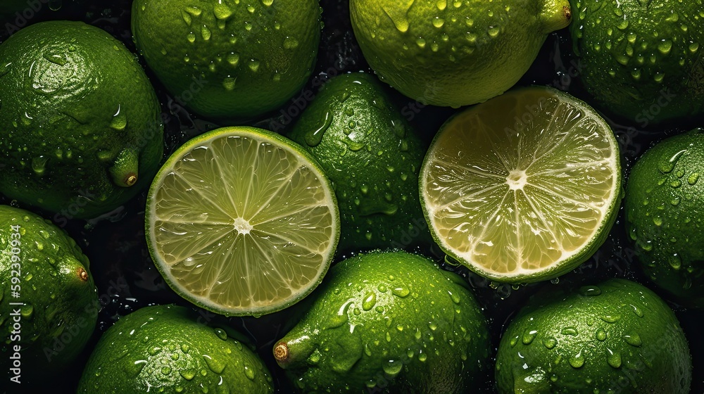 Fresh whole, half and sliced lime background with water drops. Close up Fresh whole, half and sliced lime background with water drops. Close up