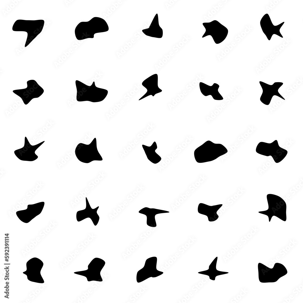 Set of 25 modern vector abstract art blob shapes with 10 points. Known as blotch shapes, liquid organic elements, pebble drops blob silhouettes and splashes. Use as pattern background. Set of 25 modern vector abstract art blob shapes with 10 points. Known as blotch shapes, liquid organic elements, pebble drops blob silhouettes and splashes. Use as pattern background.