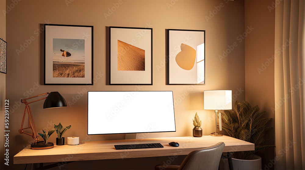 Modern and clean online webinar Zoom meeting home office background with transparent monitor