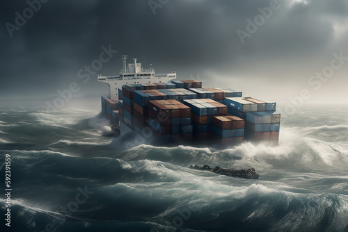 the cargo container ship is wrecked in the ocean in a storm