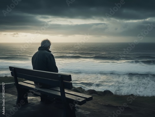 A person sitting alone on a bench, looking out at the sea