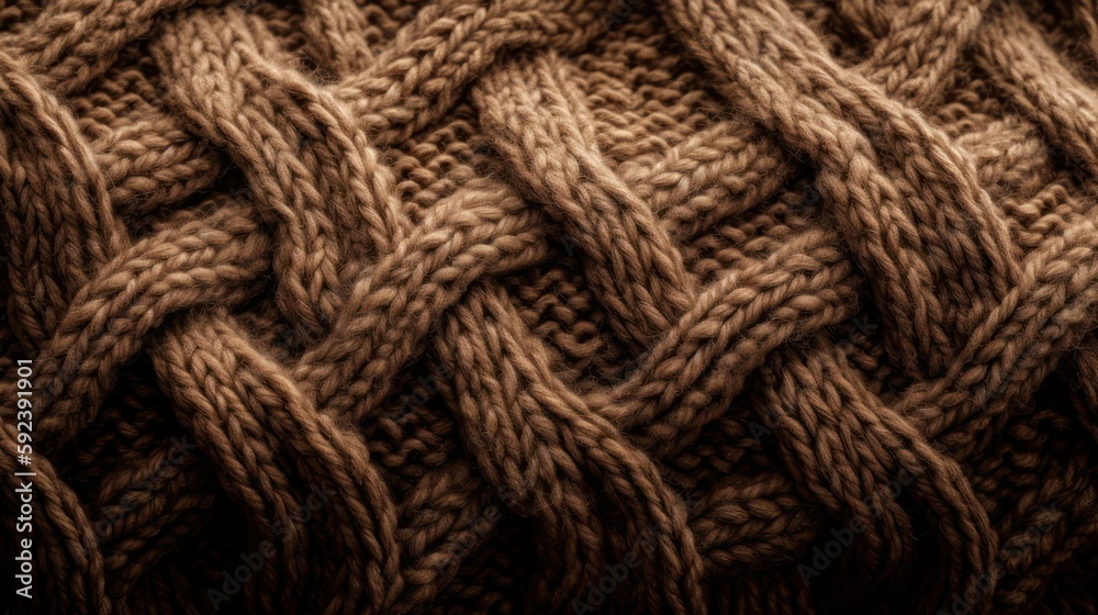 Close up of brown knitted material pattern for design. brown warm knitted sweater textile. Generative AI 
