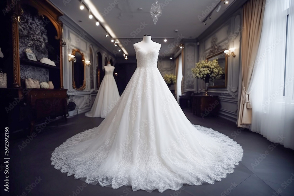 Sweet modern white wedding dress in the luxury room. Super photo realistic background, generative ai illustration