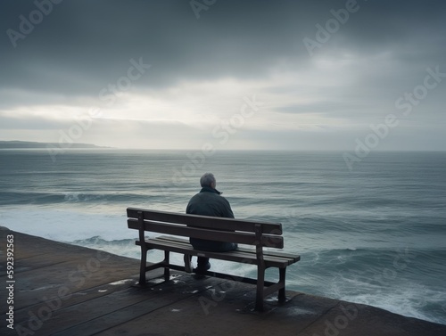 A person sitting alone on a bench, looking out at the sea © Suplim