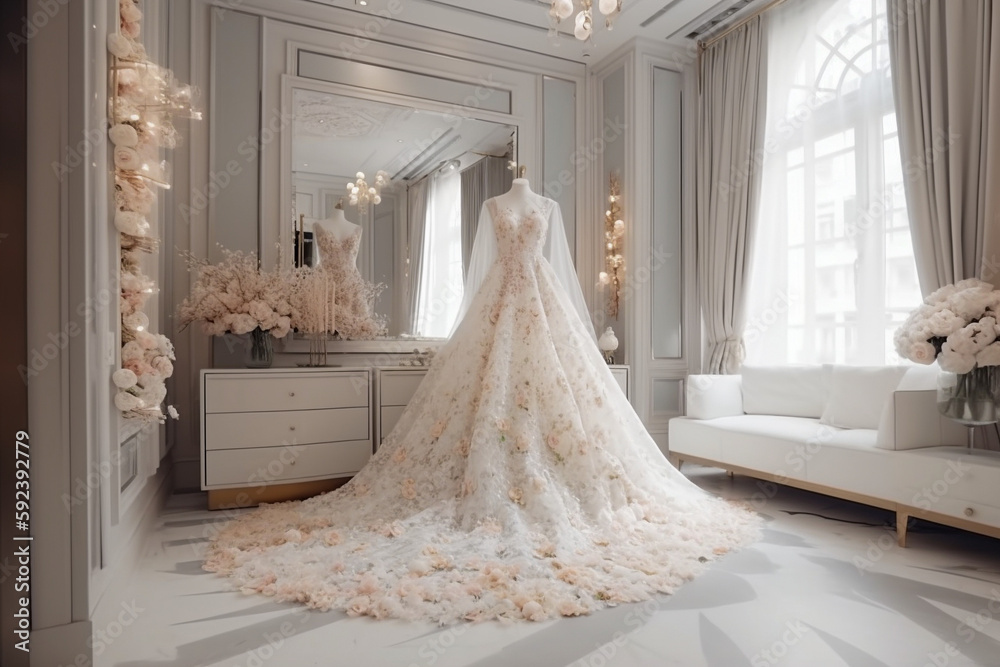 Sweet modern white wedding dress in the luxury room. Super photo realistic background, generative ai illustration Sweet modern white wedding dress in the luxury room. Super photo realistic background, generative ai illustration