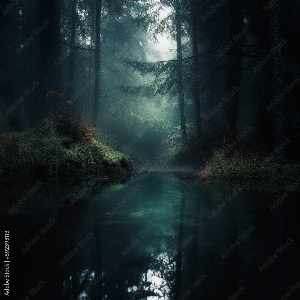dark mysterious forest with a lake