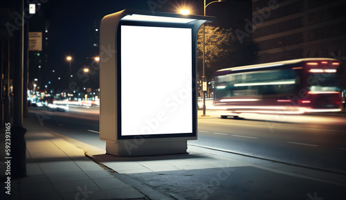 Empty Verticle space advertisement board, blank white signboard on roadside in city, Vertical blank billboard in city in night time, White signboard or lightbox on roadside for advertisment placement
