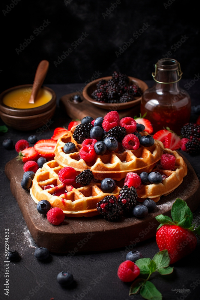 Belgian waffles with different sauces, berries, chocolate, ice cream. Generative AI,