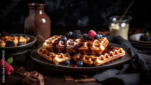 Belgian waffles with different sauces, berries, chocolate, ice cream. Generative AI,